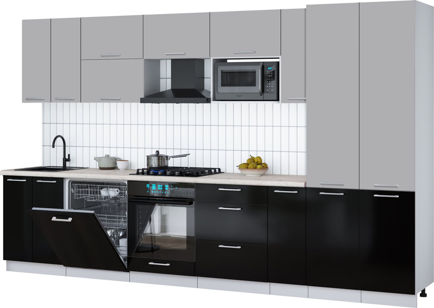 

Готовая кухня Интерлиния Мила Gloss 3.5-ПМ2 (черный глянец/грей/бискайская сосна)