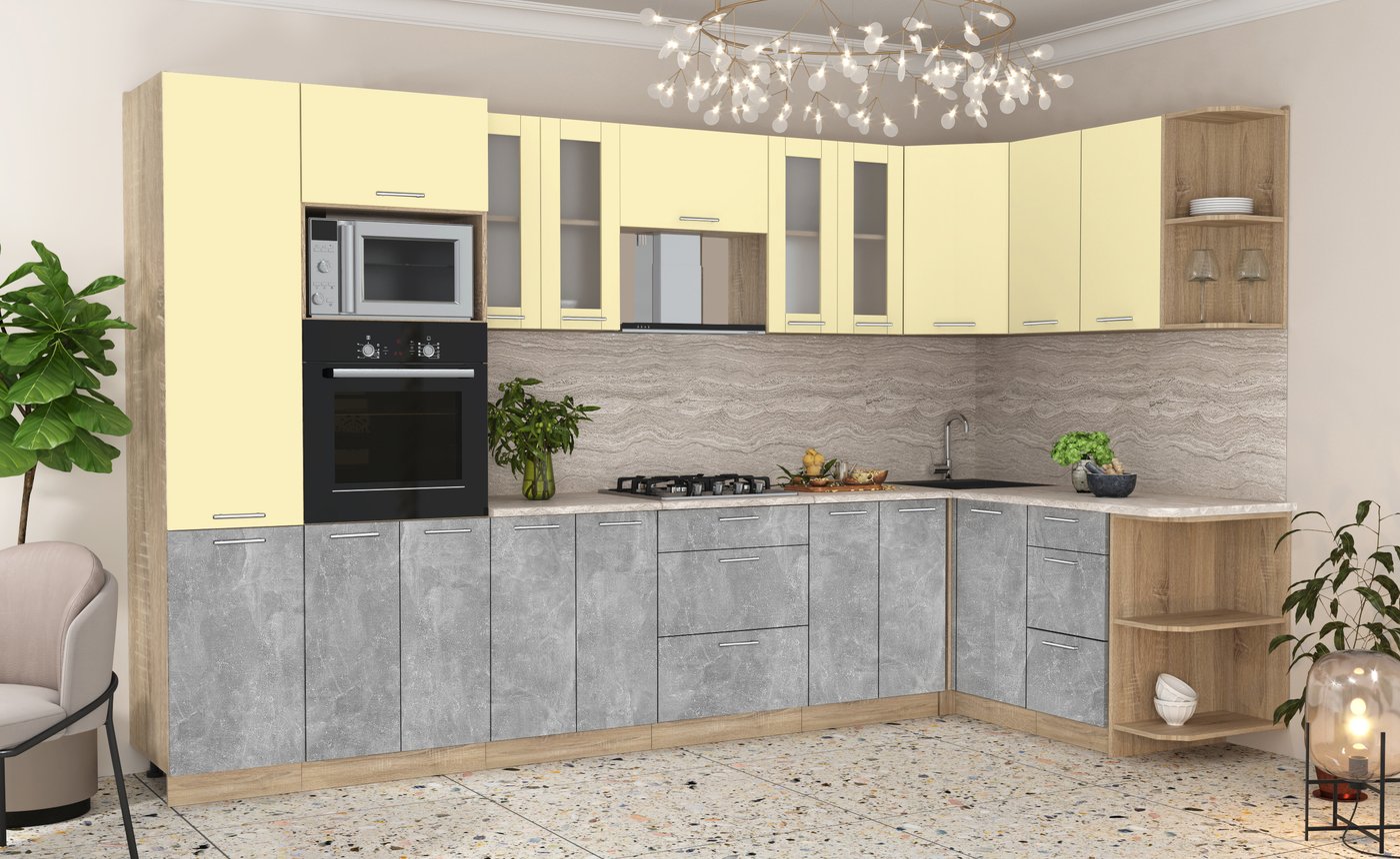 

Готовая кухня Интерлиния Мила 1.68x3.4 правая (ваниль/бетон/травертин)