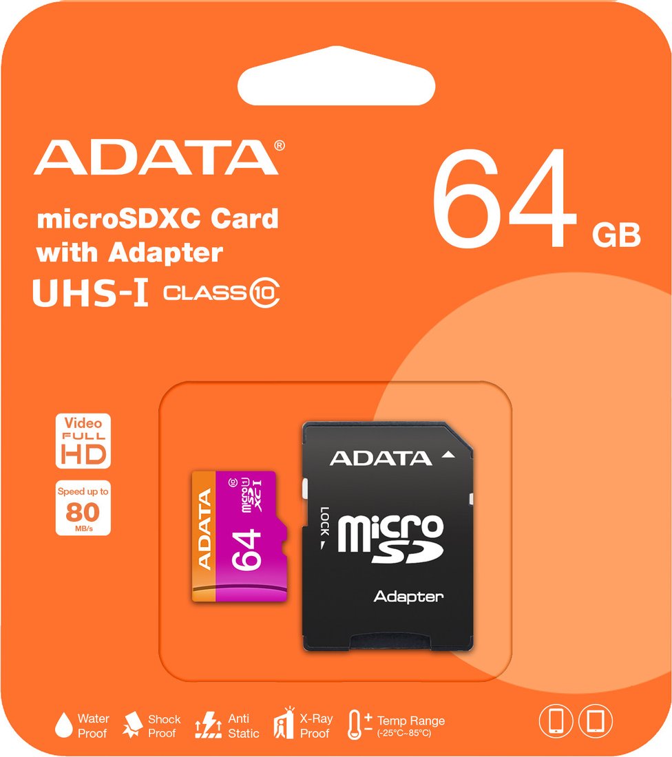 

Карта памяти ADATA Premier microSDXC UHS-I U1 Class 10 64GB (AUSDX64GUICL10-RA1)