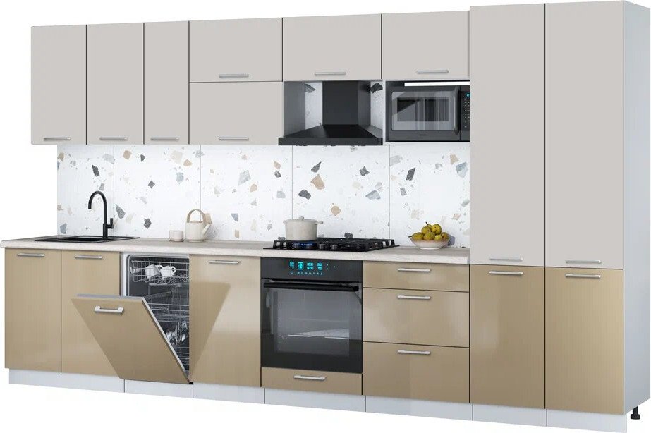 

Готовая кухня Интерлиния Мила Gloss 3.7-ПМ4 (капучино глянец/кашемир/травертин серый)