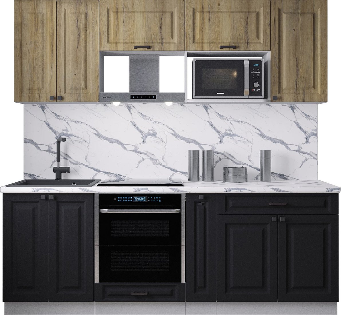 

Готовая кухня Интерлиния Мила Деко 2.2 (черный/дуб вотан/белый гранит)