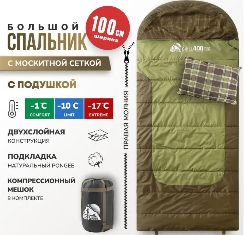 

Спальный мешок RSP Outdoors Chill 400 BIG R (225x100 см, молния справа)