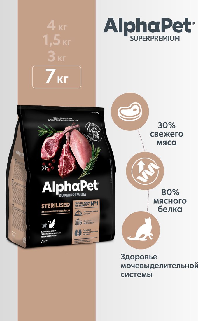 

Сухой корм для кошек AlphaPet Superpremium Cat Sterilised Ягненок/индейка 7 кг