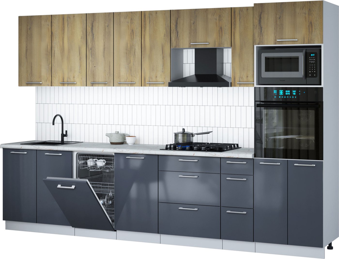 

Готовая кухня Интерлиния Мила Gloss 3.2-ПМ3 (асфальт глянец/дуб вотан/серый каспий)