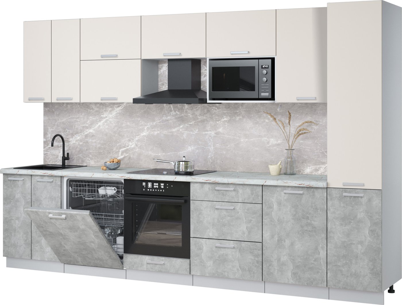 

Готовая кухня Интерлиния Мила Лайт 3.3-ПМ2 (персидский жемчуг/бетон/серый каспий)