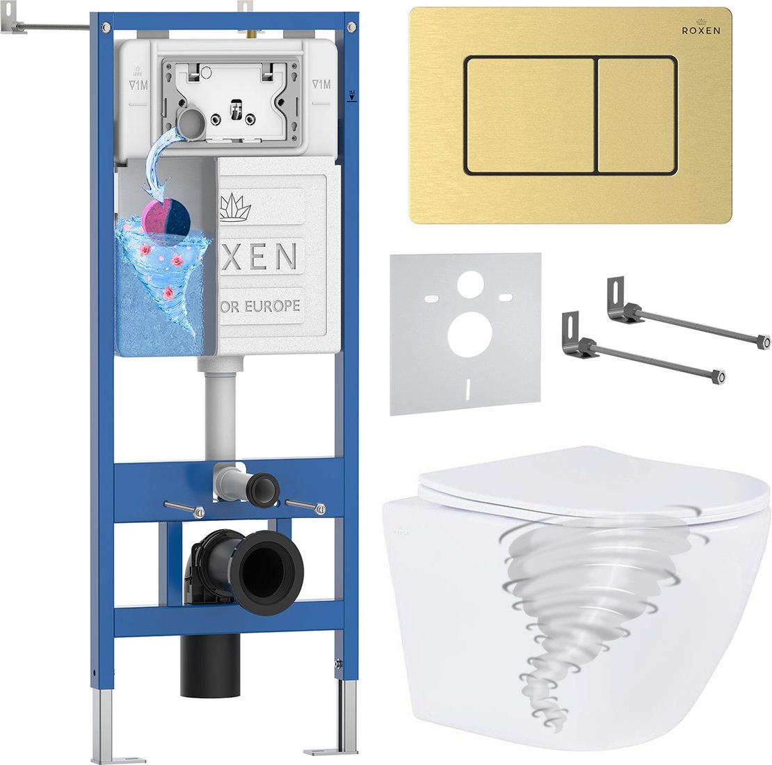 

Унитаз подвесной Roxen Antares Tornado Long в комплекте с инсталляцией StounFix Dual Fresh 6 в 1 868445 (кнопка: брашированное золото матовая)