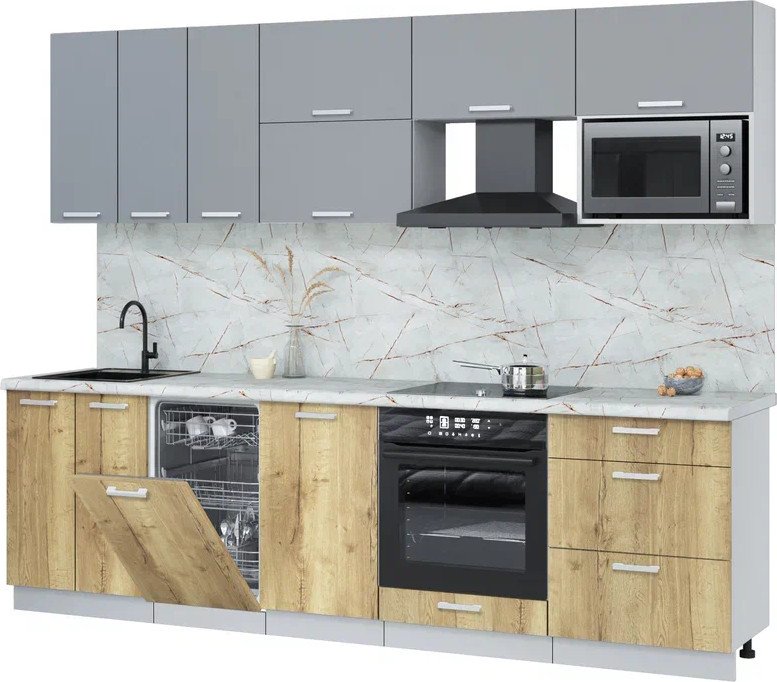 

Готовая кухня Интерлиния Мила Лайт 2.7-ПМ4 ( серебро/дуб золотой/серый каспий)