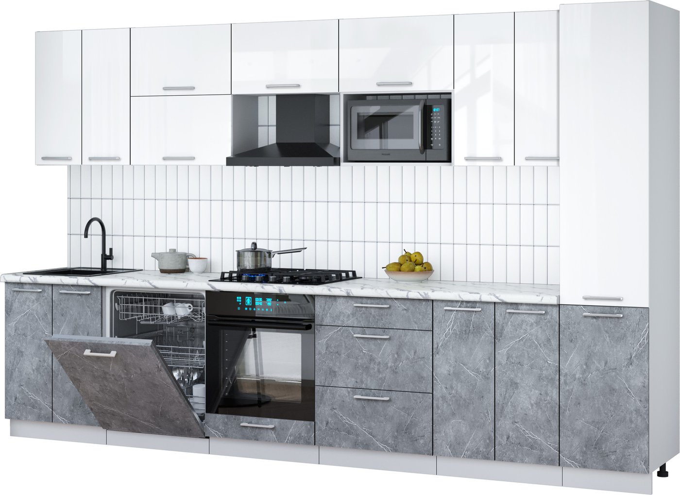 

Готовая кухня Интерлиния Мила Gloss 3.4-ПМ2 (керамика/белый глянец/белый гранит)