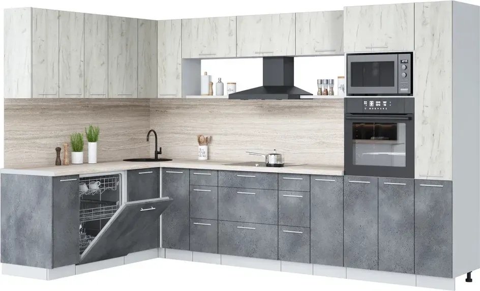 

Готовая кухня Интерлиния Мила Лайт 1.896х3.28 (дуб белый/бетон портленд/травертин серый)