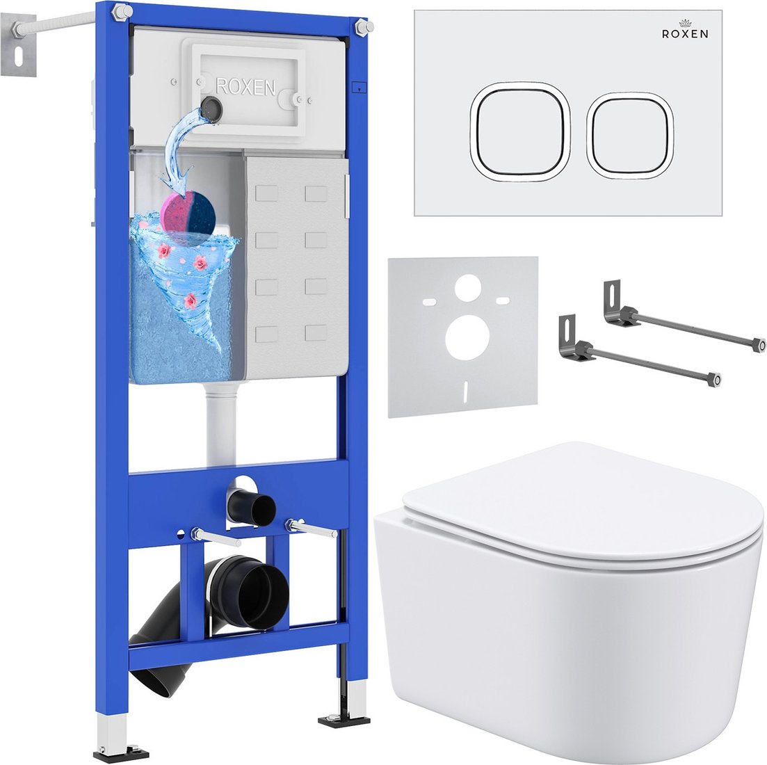 Унитаз подвесной Roxen Simple Compact в комплекте с инсталляцией StounFix Dual Fresh 6 в 1 916803 (кнопка: белый глянец)