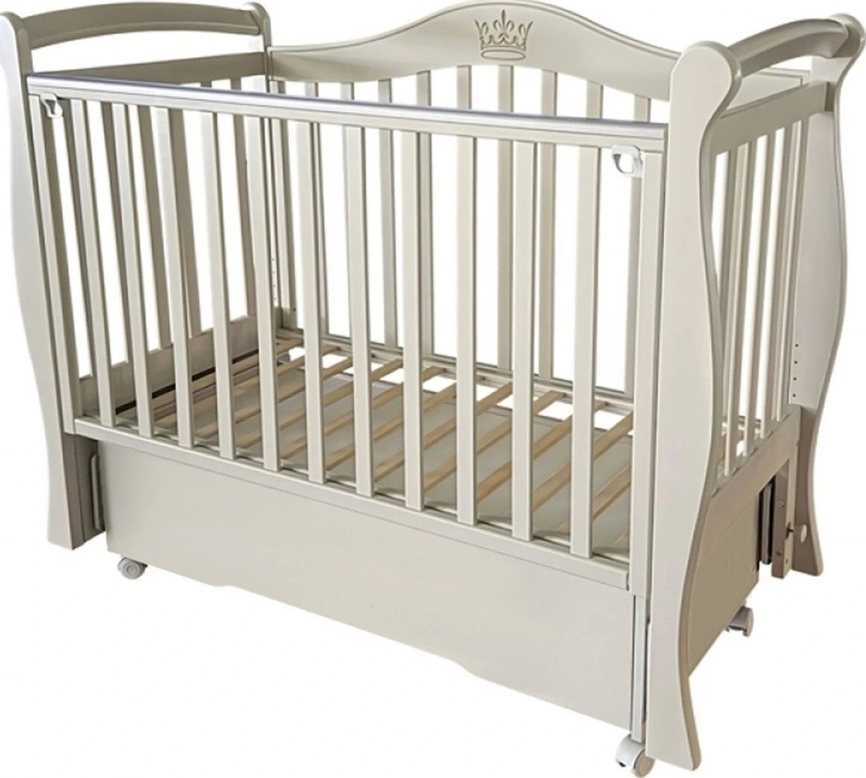Классическая детская кроватка Антел Эмили-2 универсальный маятник + колеса, автостенка, ящик (кашемир)