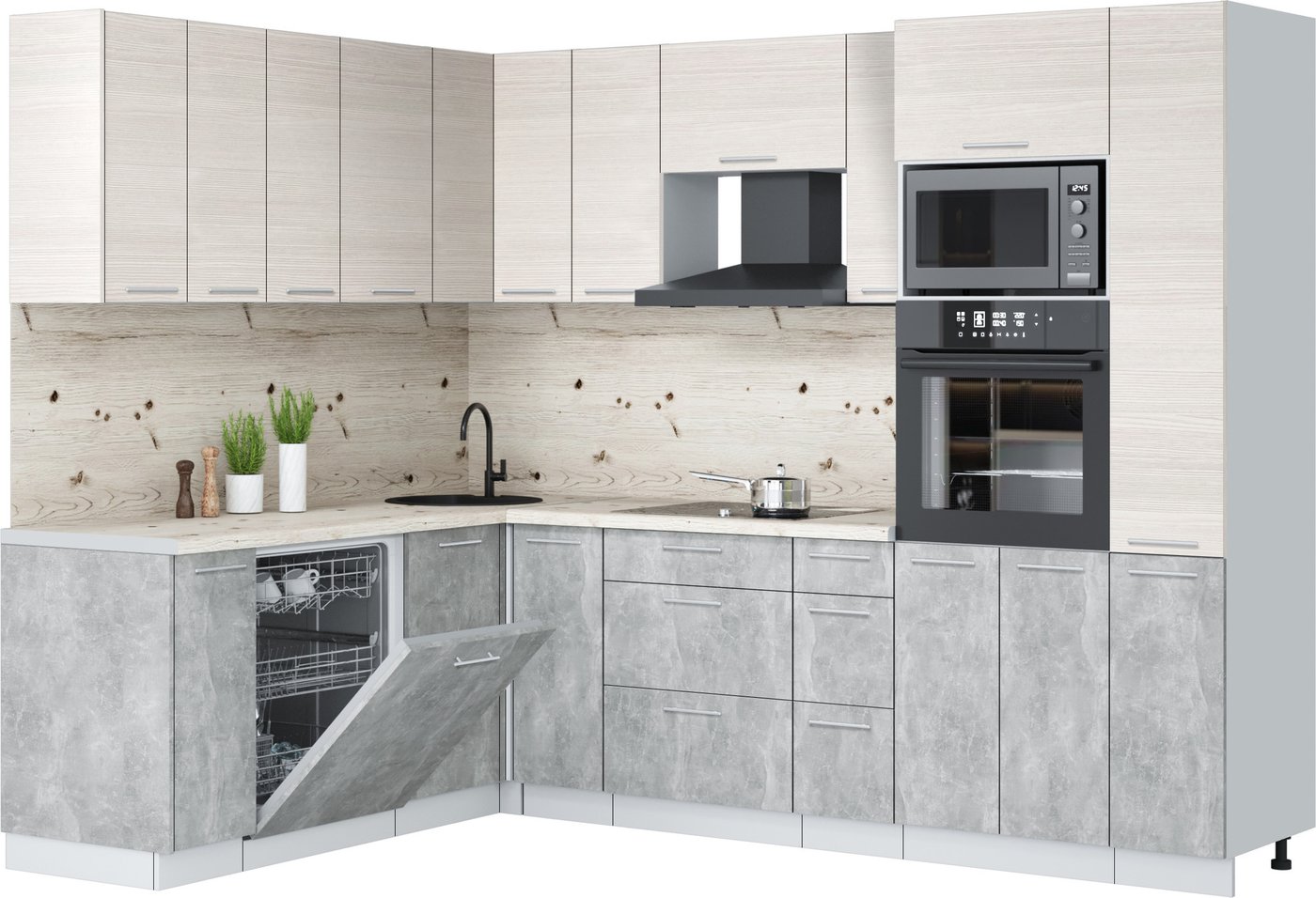 

Готовая кухня Интерлиния Мила Лайт 1.896х2.68 (вудлайн кремовый/бетон/бискайская сосна)