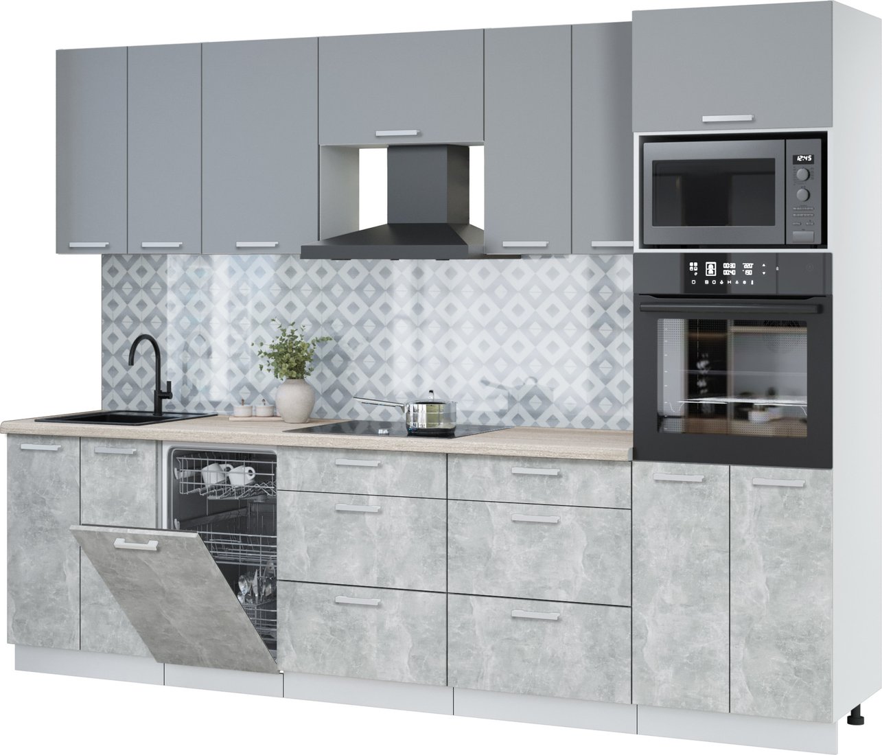 

Готовая кухня Интерлиния Мила Лайт 2.85-ПМ3 (серебро/бетон/травертин серый)