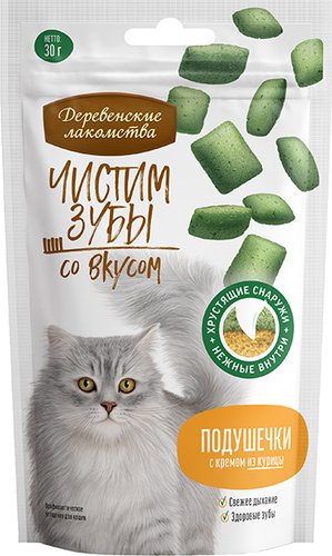 Лакомство для кошек Деревенские лакомства Чистим зубы со вкусом. Подушечки с кремом из курицы 30 г