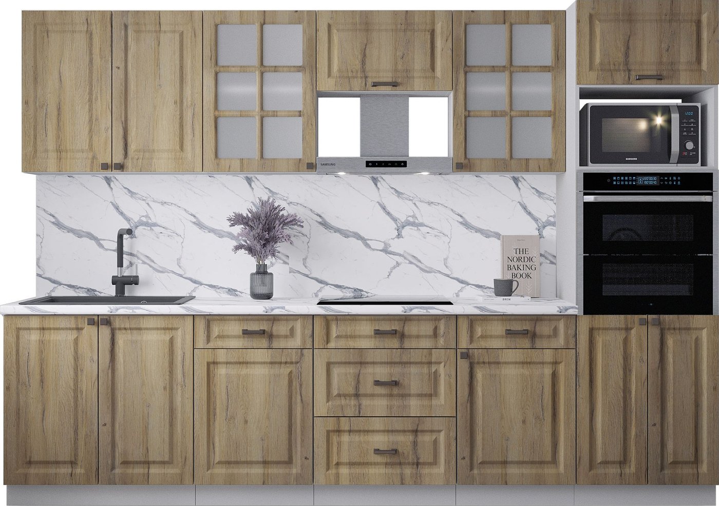 

Готовая кухня Интерлиния Мила Деко 3.0 (дуб вотан/дуб вотан/белый гранит)