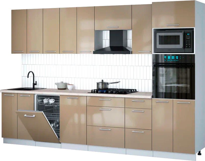 

Готовая кухня Интерлиния Мила Gloss 3.1-ПМ3 (капучино глянец/капучино глянец/бискайская сосна)