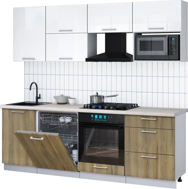 

Готовая кухня Интерлиния Мила Gloss 2.3-ПМ2 (дуб вотан/белый глянец/травертин серый)