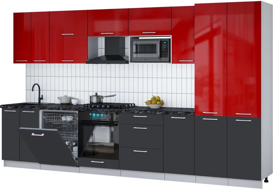 

Готовая кухня Интерлиния Мила Gloss 3.6-ПМ2 (пепел/красный глянец/кастилло темный)