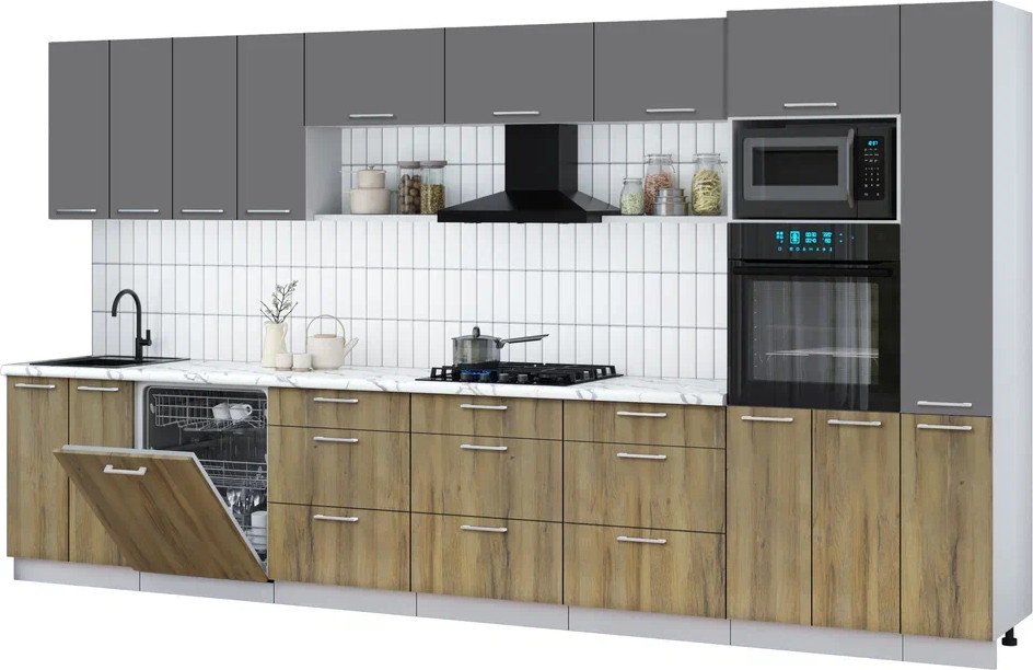 

Готовая кухня Интерлиния Мила Gloss 3.9-ПМ1 (дуб вотан/серый/белый гранит)