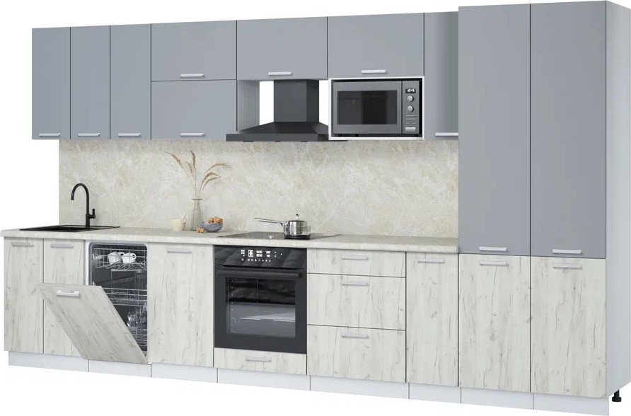 

Готовая кухня Интерлиния Мила Лайт 3.8-ПМ4 (серебро/дуб белый/опал светлый)