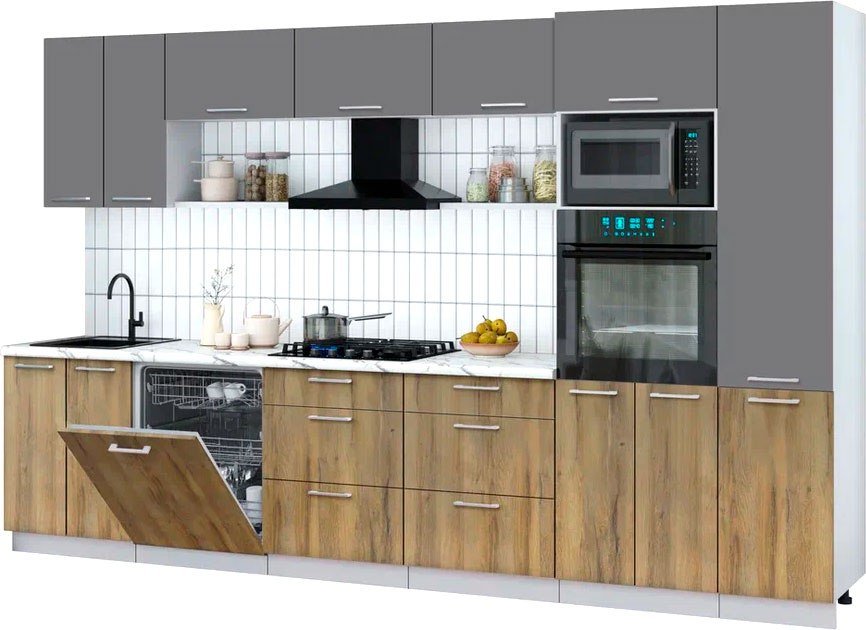 

Готовая кухня Интерлиния Мила Gloss 3.4-ПМ1 (дуб вотан/серый/белый гранит)