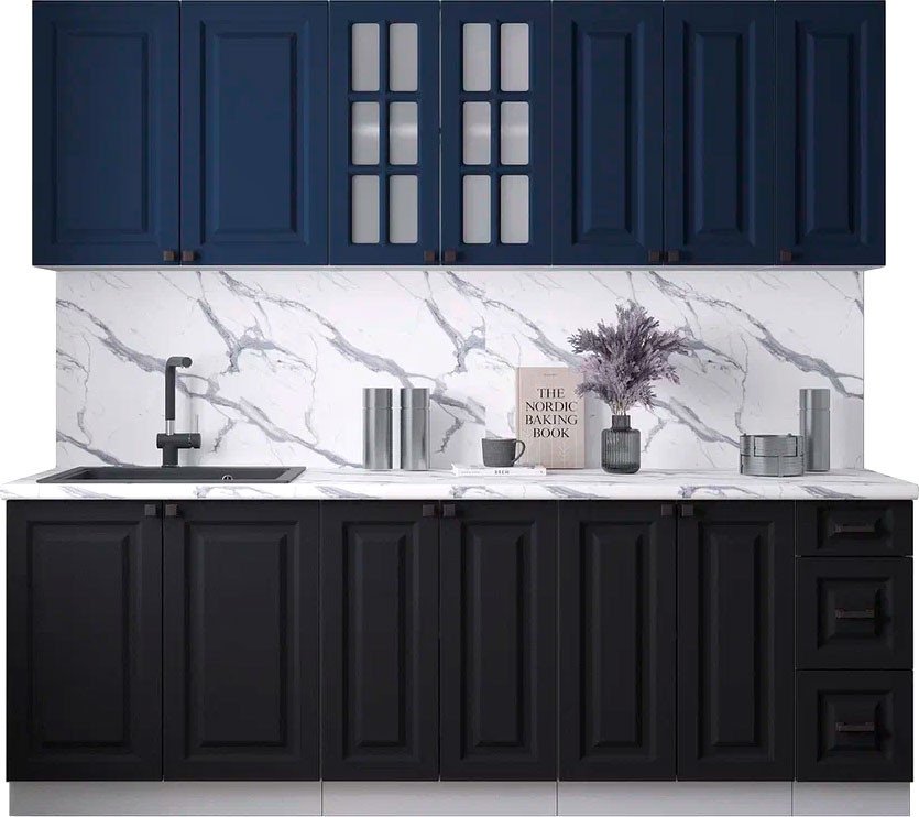 

Готовая кухня Интерлиния Мила Деко 2.3А (черный/индиго/белый гранит)