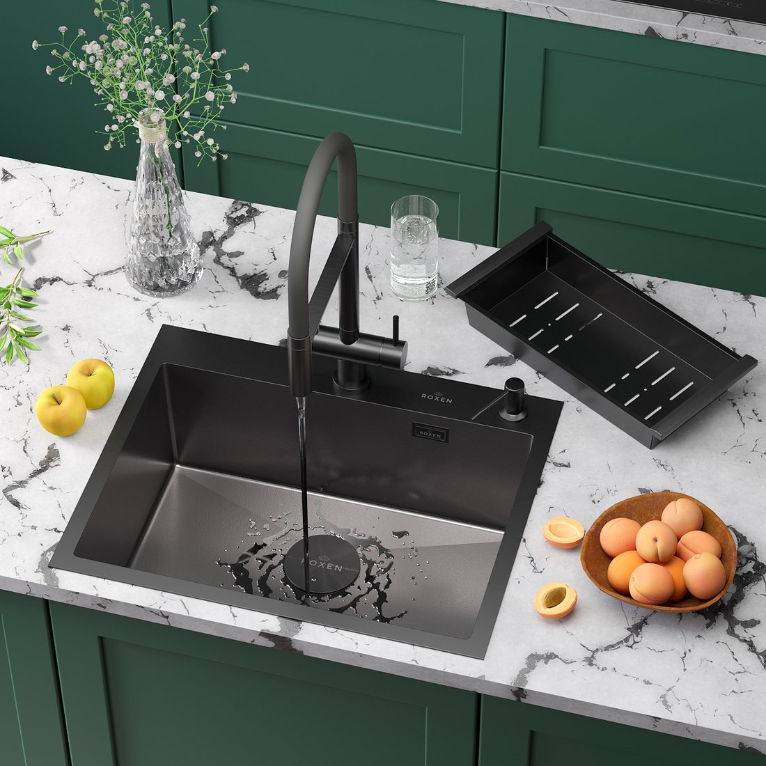 

Кухонная мойка Roxen Simple 560220-60B-V графит/текстурная PVD покрытие (с коландером и дозатором)
