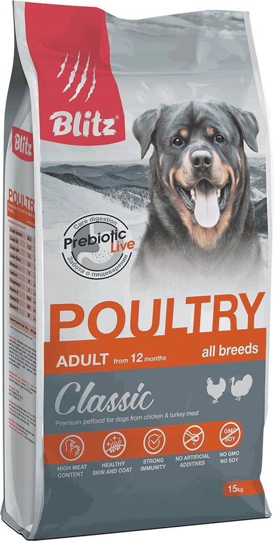 

Сухой корм для собак Blitz Classic Adult All Breeds Poultry (с домашней птицей для всех взрослых пород) 15 кг