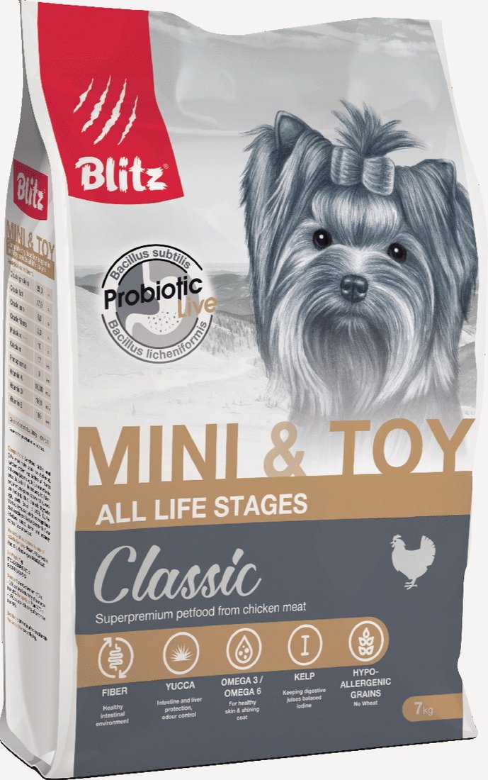 

Сухой корм для собак Blitz Classic Mini & Toy Breeds All Life Stages (для мелких и миниатюрных пород всех возрастов) 7 кг