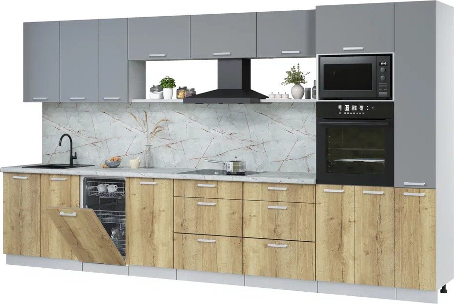 

Готовая кухня Интерлиния Мила Лайт 3.8-ПМ3 (серебро/дуб золотой/серый каспий)