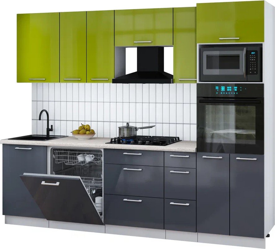 

Готовая кухня Интерлиния Мила Gloss 2.6-ПМ1 (асфальт глянец/яблоко глянец/травертин серый)