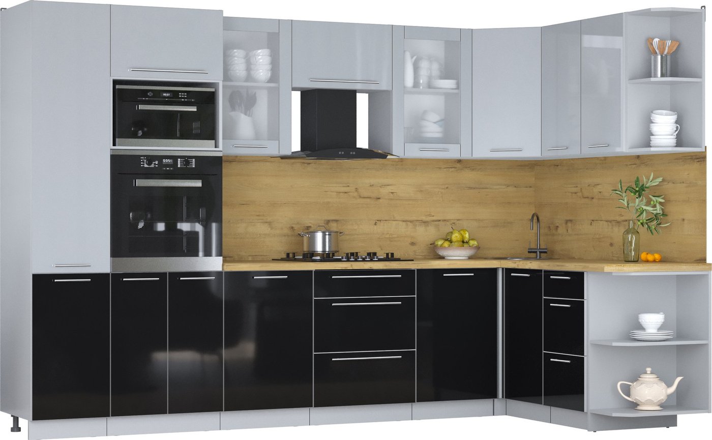 

Готовая кухня Интерлиния Мила Пластик 1.68x3.2 PR (туманный глянец/черный глянец/дуб бунратти)