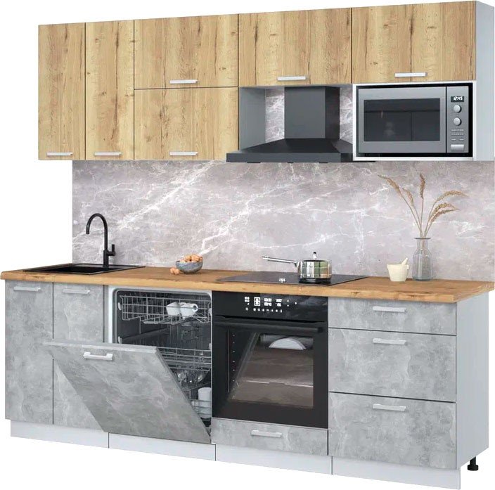 

Готовая кухня Интерлиния Мила Лайт 2.4-ПМ2 (дуб золотой/бетон/дуб бунратти)