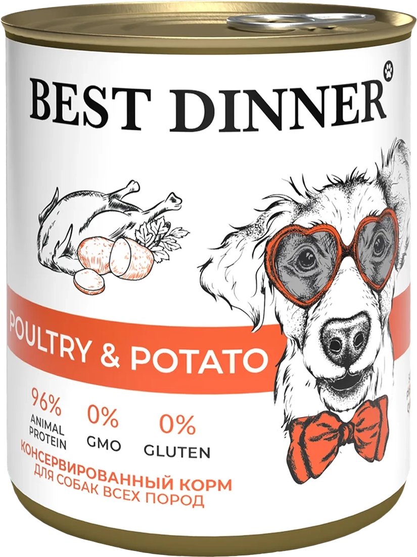 

Консервированный корм для собак Best Dinner Для щенков и взрослых собак Птица с картофелем (850 г)