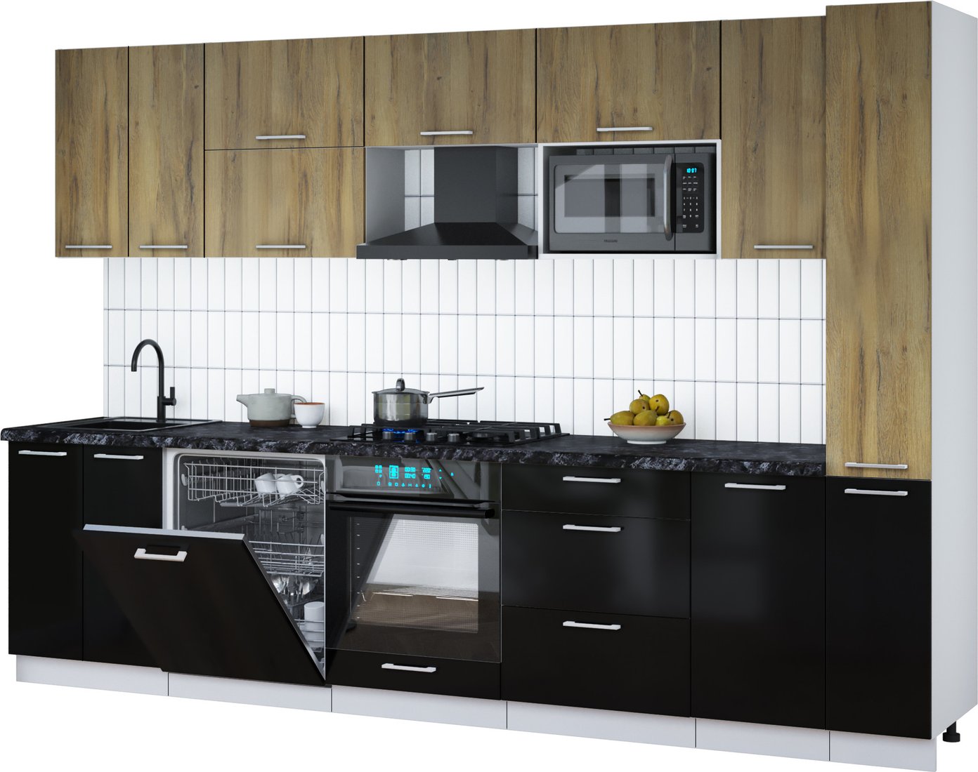 

Готовая кухня Интерлиния Мила Gloss 3.1-ПМ2 (черный глянец/дуб вотан/кастилло темный)