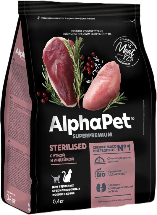 

Сухой корм для кошек AlphaPet Superpremium Sterilised с уткой и индейкой 400 г