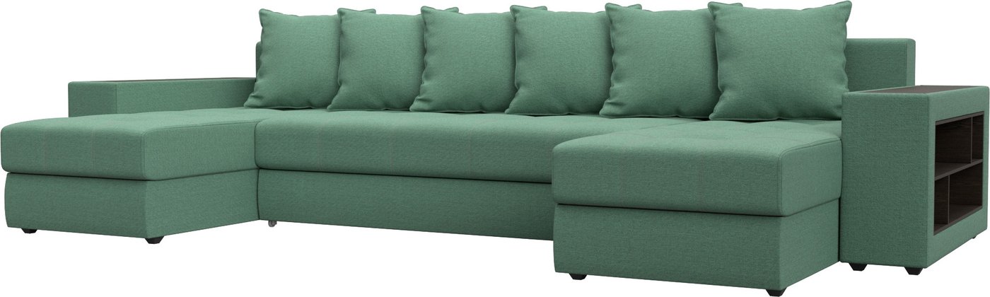 

П-образный диван Лига диванов Дубай полки справа 123247 (рогожка амур зеленый)