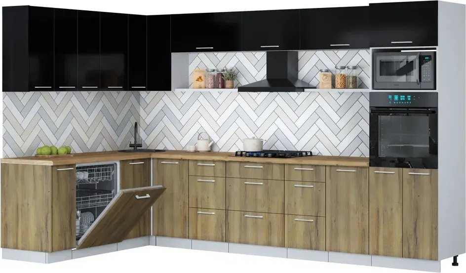 

Готовая кухня Интерлиния Мила Gloss 1.896х3.38-2 (дуб вотан/черный глянец/дуб бунратти)