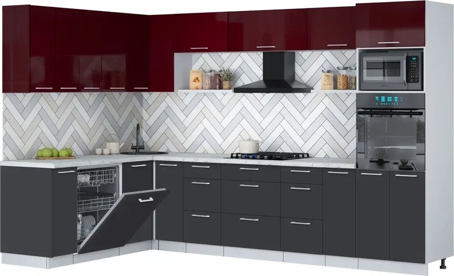 

Готовая кухня Интерлиния Мила Gloss 1.896х3.18 (пепел/бордовый глянец/серый каспий)