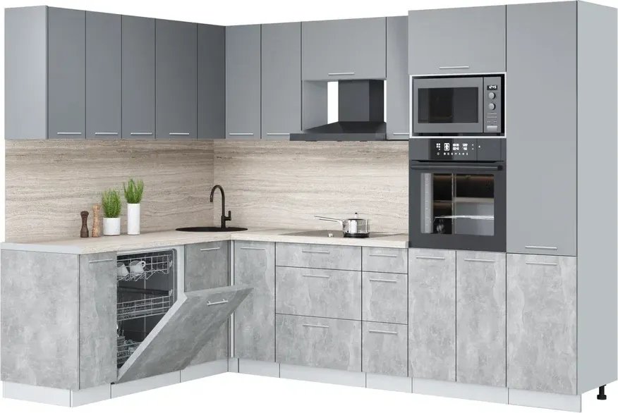 

Готовая кухня Интерлиния Мила Лайт 1.896х2.78 (серебро/бетон/травертин серый)
