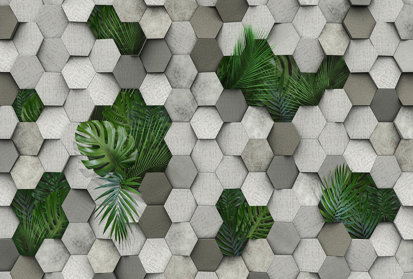 Фотообои Vimala 3D Шестиугольники и листья пальмы 270x400