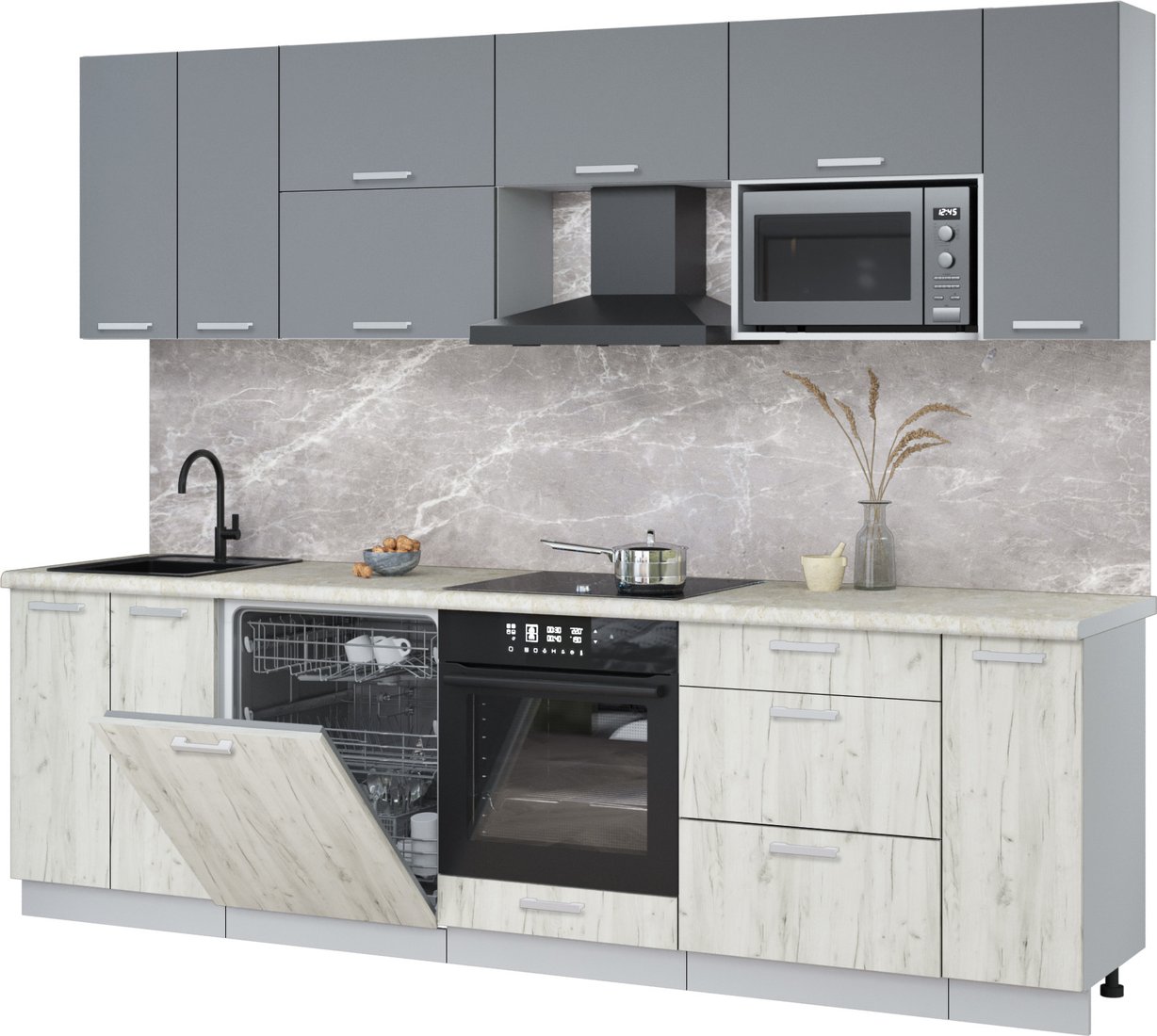 

Готовая кухня Интерлиния Мила Лайт 2.7-ПМ2 (серебро/дуб белый/опал светлый)