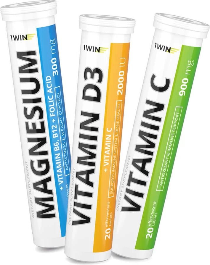 Витамины, минералы 1WIN Набор базовых нутрицевтиков: Магний+В6, Vitamin D3, Vitamin С (3х15 шипучих таблеток)