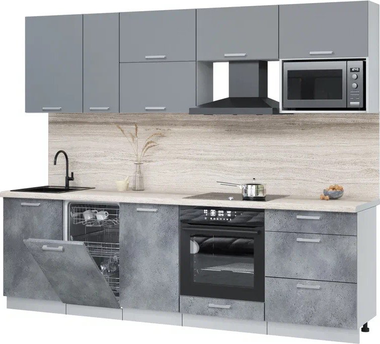 

Готовая кухня Интерлиния Мила Лайт 2.6-ПМ4 (серебро/бетон портленд/травертин серый)