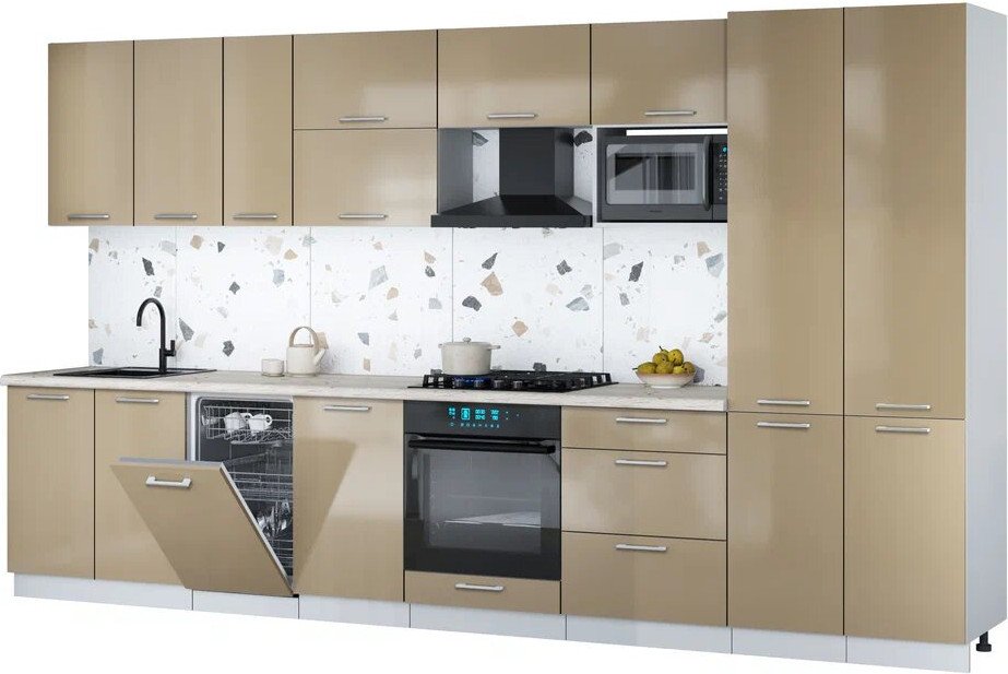 

Готовая кухня Интерлиния Мила Gloss 3.7-ПМ4 (капучино глянец/капучино глянец/бискайская сосна)