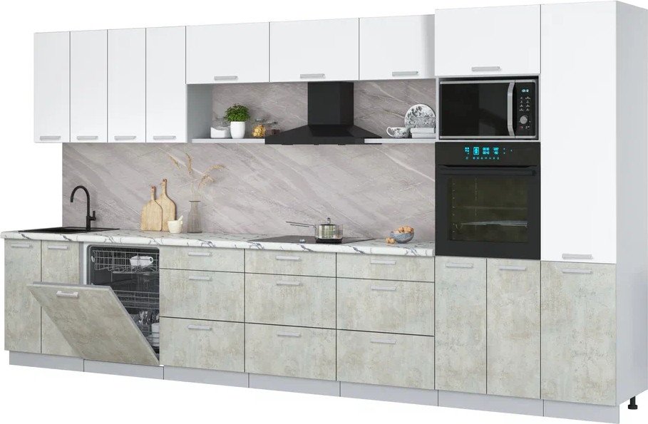 

Готовая кухня Интерлиния Мила Лайт 4.0-ПМ1 (белый платинум/бетон лайт/белый гранит)