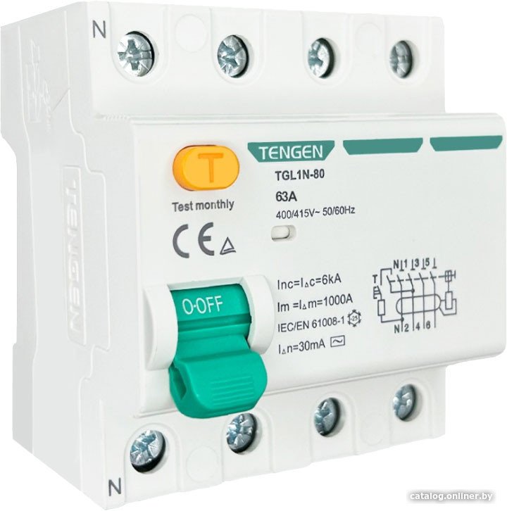 Устройство защитного отключения Tengen TGL1N-80 4P 63A 6kA 30mA AC 4M TEN320031