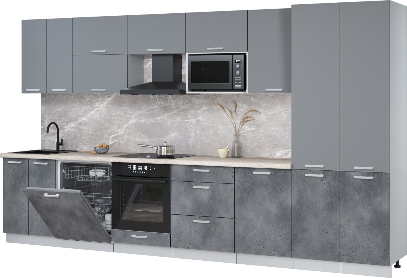 

Готовая кухня Интерлиния Мила Лайт 3.7-ПМ2 (серебро/бетон портленд/травертин серый)