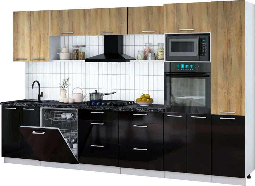 

Готовая кухня Интерлиния Мила Gloss 3.4-ПМ1 (черный глянец/дуб вотан/кастилло темный)