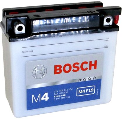 

Мотоциклетный аккумулятор Bosch M4 12N5.5A-3B 506 012 004 (6 А·ч)